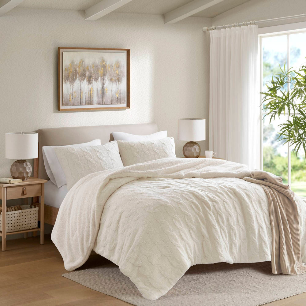 2 Pieces Twin Cable Knit Chenille Comforter Set,Ivory Media 2