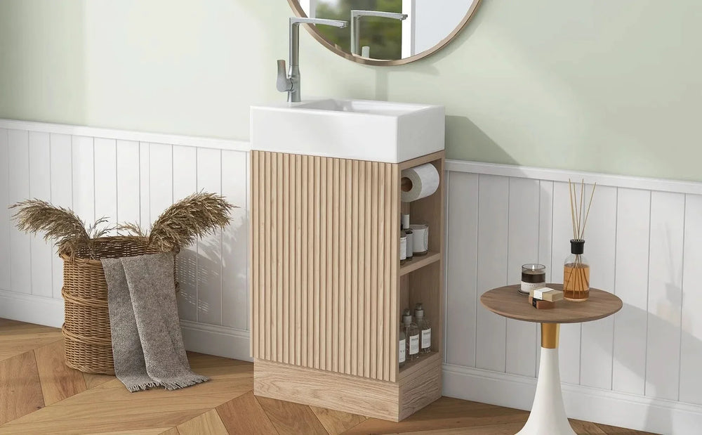 Bathroom Vanity Natural Finish & Two Tier Shelf & Left Or Right Orientation Media 9