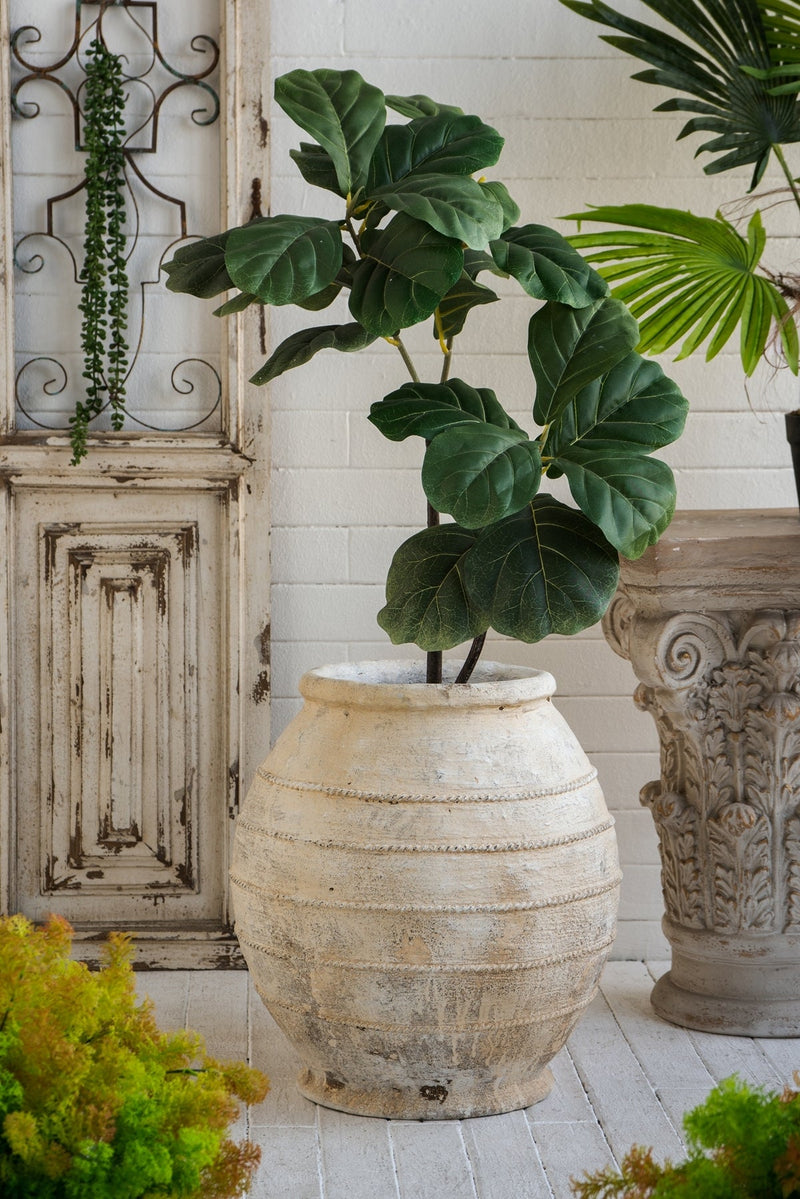 17.5x17.5x18.5' Round Magnesium Flower Pot with Weathered White Finish and Ridged Texture