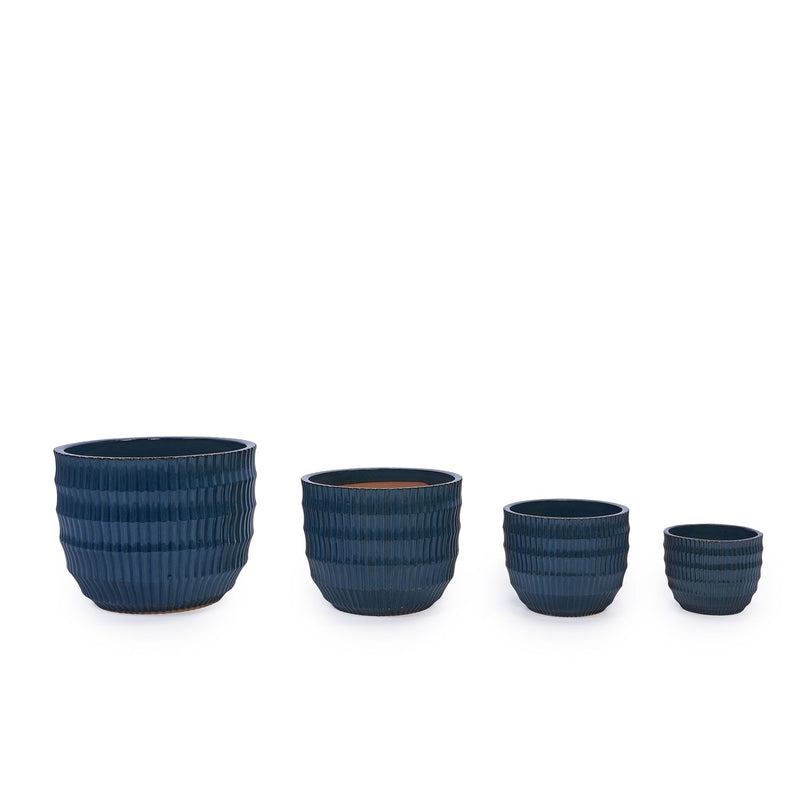 Handmade Denim Blue Glaze Ceramic Planter Set of 4, 7/9/12/14 Inch, Horizontal Grooves, Indoor & Outdoor Herb Succulent Pots, Breathable Clay with Drainage Holes