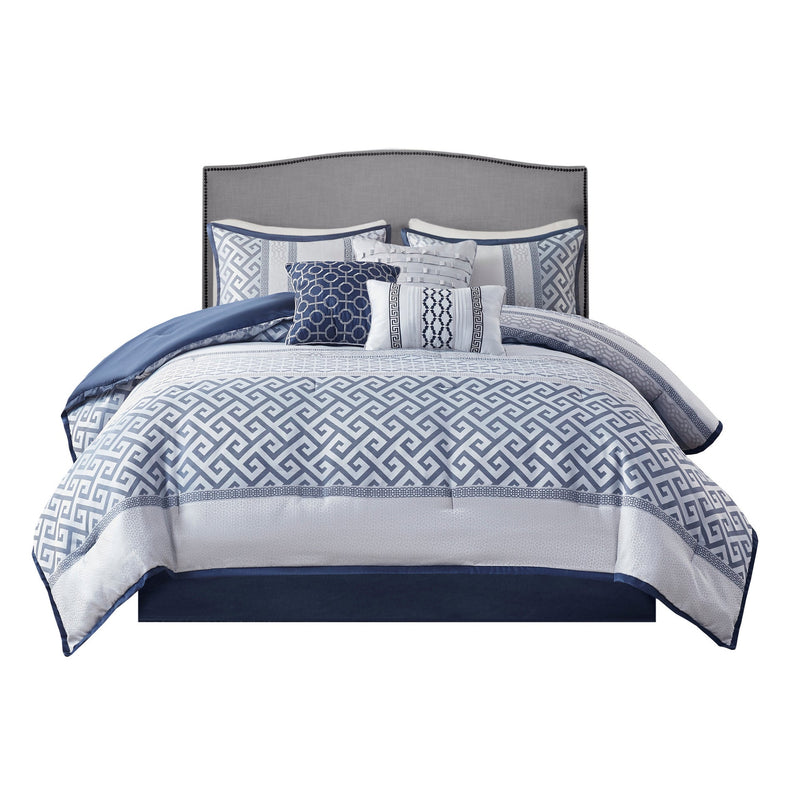 7 Piece Jacquard Comforter Set Navy Cal King