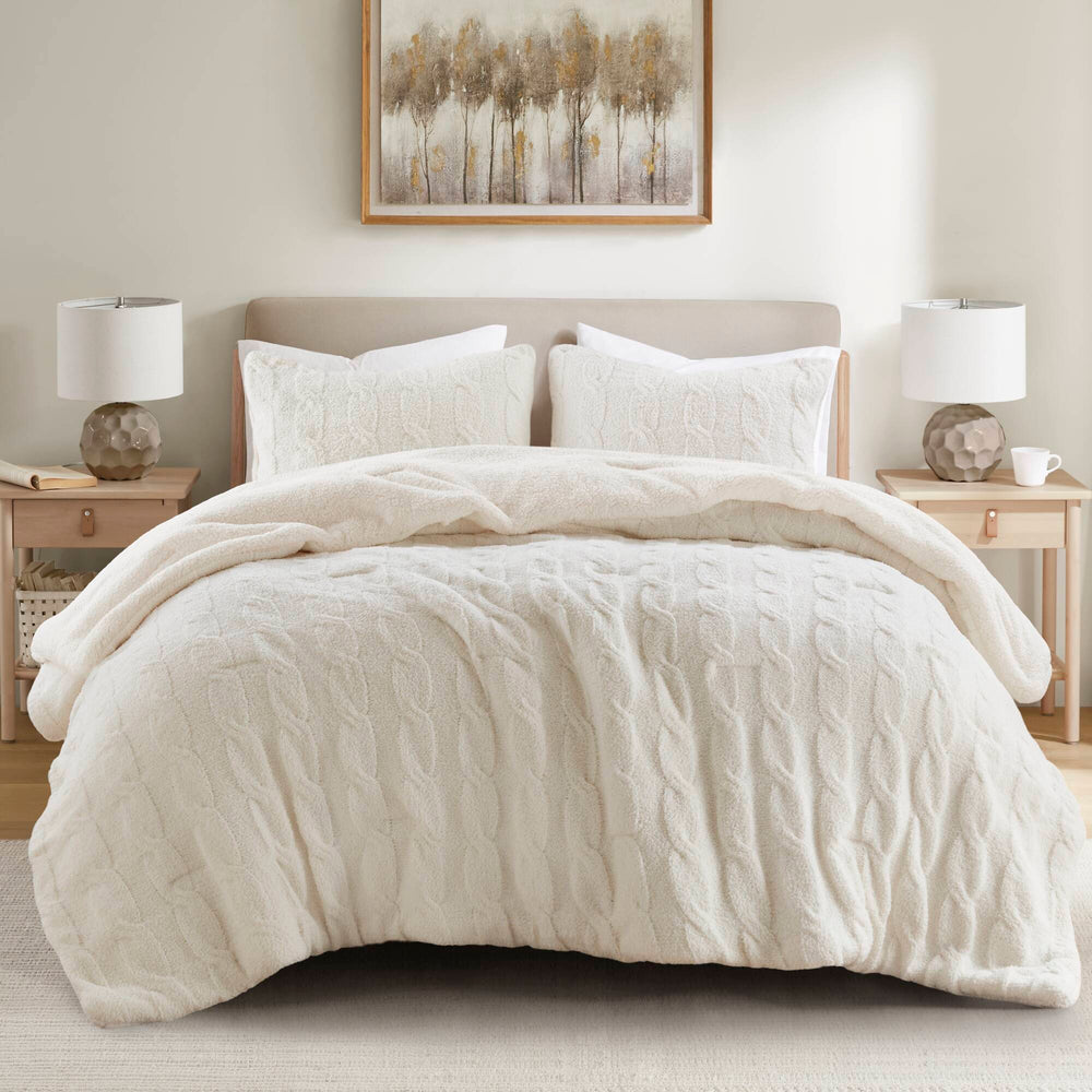3 Pieces Full/Queen Cable Knit Chenille Comforter Set,Ivory Media 1