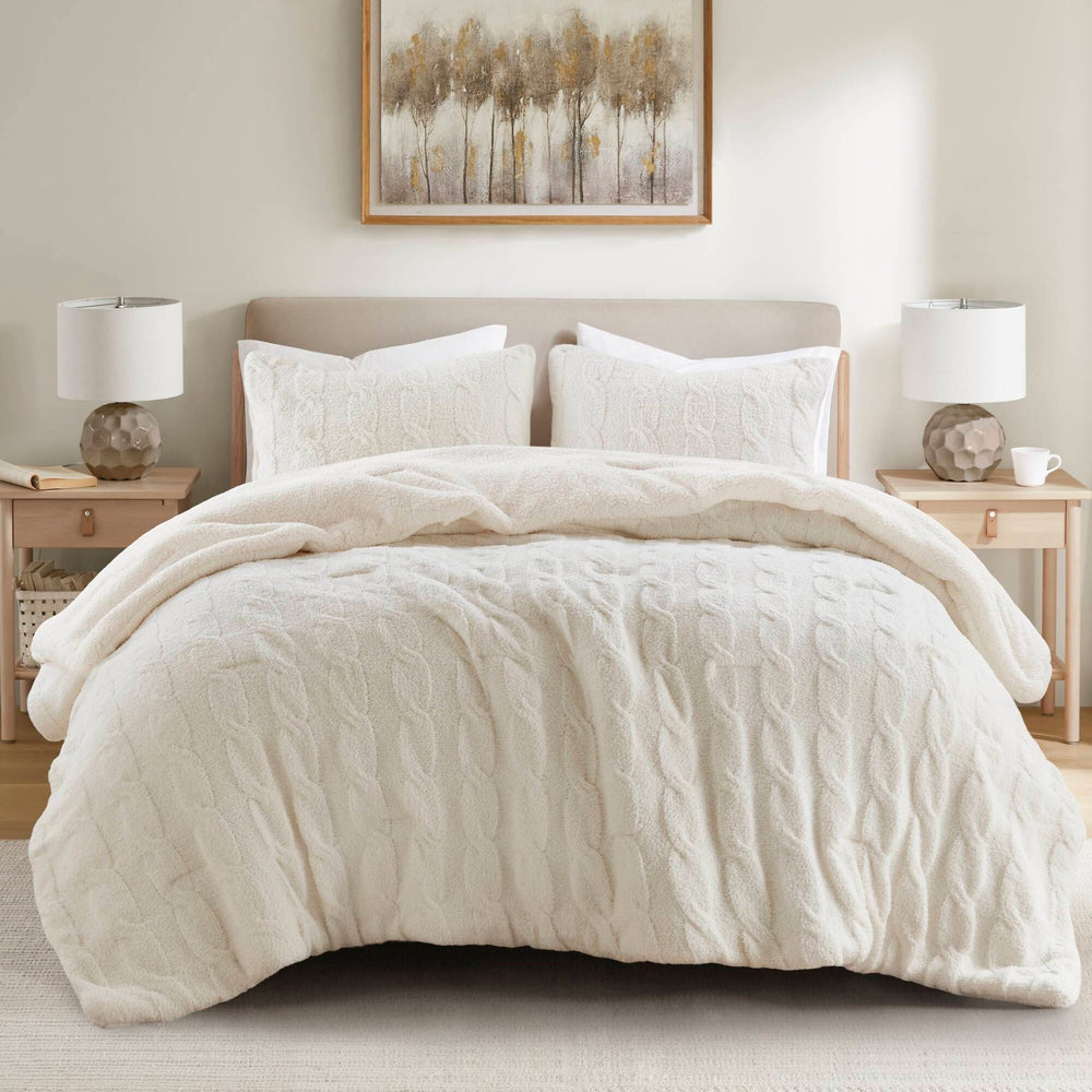 3 Pieces King/Cal King Cable Knit Chenille Comforter Set,Ivory Media 1