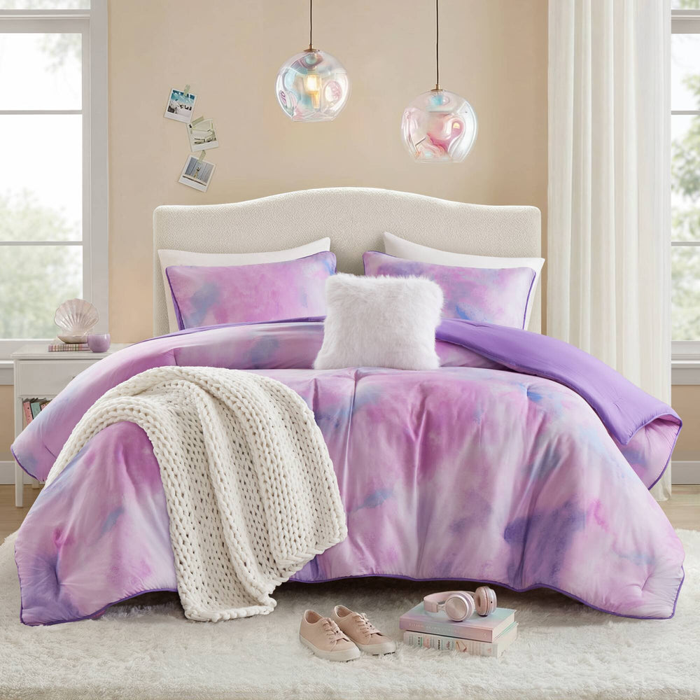 4 Pieces King/Cal King Watercolor Tie Dye Printed Comforter Set with Throw Pillow,Purple Media 21