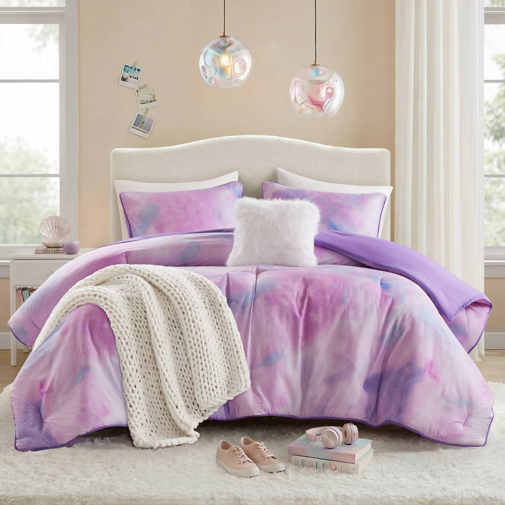 4 Pieces Full/Queen Watercolor Tie Dye Printed Comforter Set with Throw Pillow,Purple Media 21