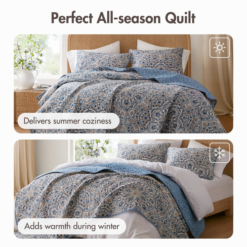 3-Piece King Boho Floral Reversible Quilt