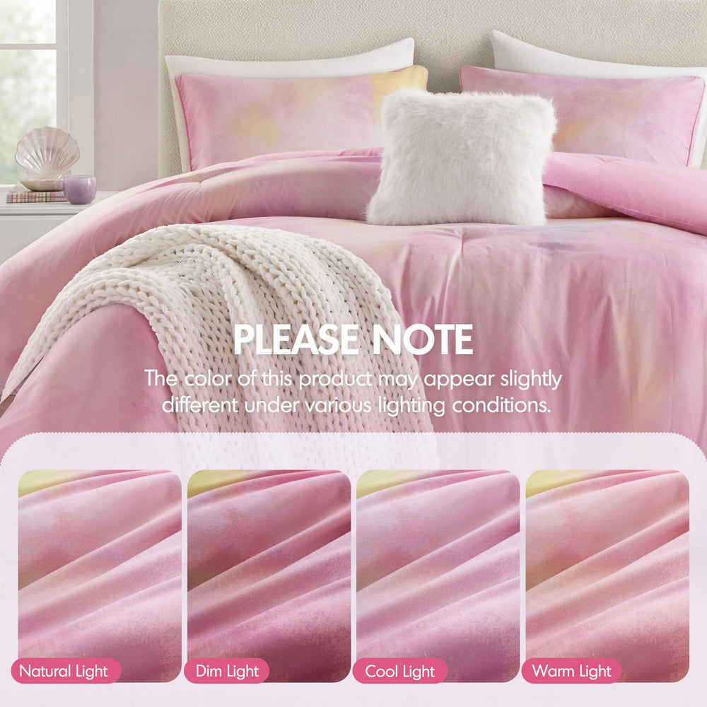 4 Pieces Full/Queen Watercolor Tie Dye Printed Comforter Set with Throw Pillow,Pink Media 6
