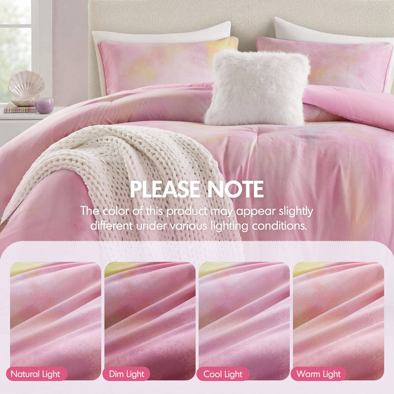 4 Pieces Full/Queen Watercolor Tie Dye Printed Comforter Set with Throw Pillow,Pink