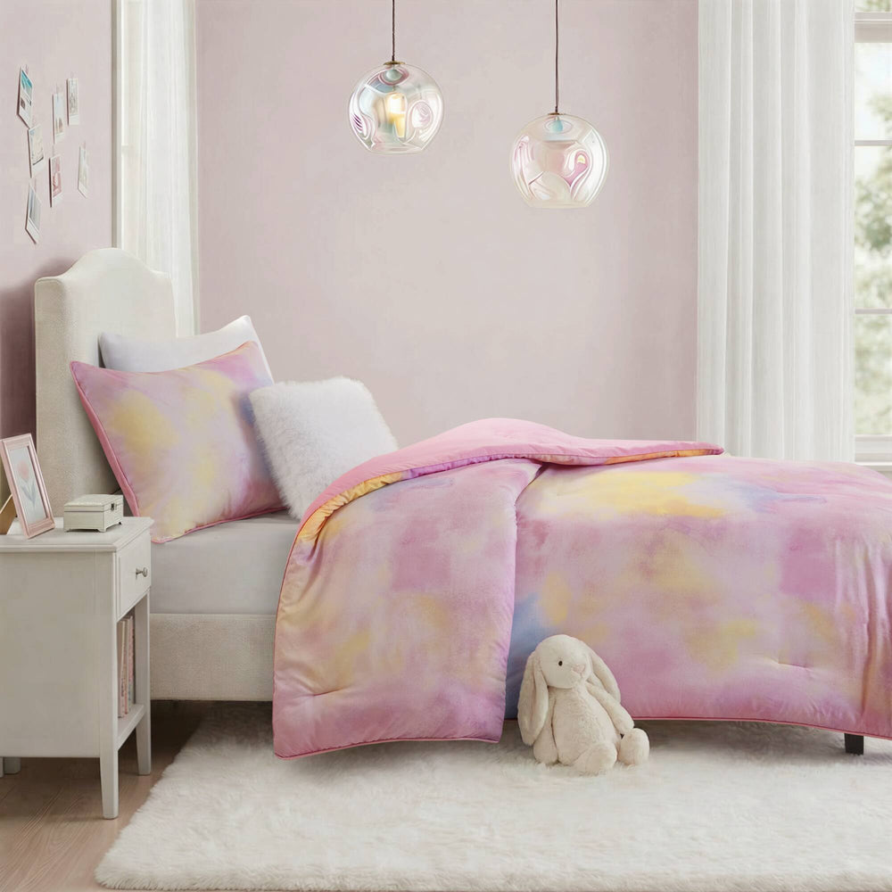 3 Pieces Twin/Twin XL Watercolor Tie Dye Printed Comforter Set with Throw Pillow,Pink Media 15