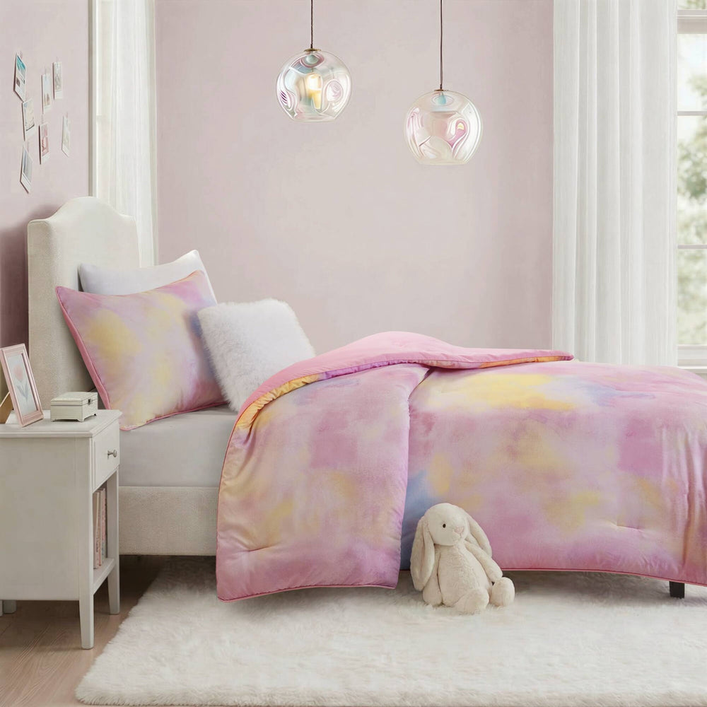 3 Pieces Twin/Twin XL Watercolor Tie Dye Printed Comforter Set with Throw Pillow,Pink Media 15