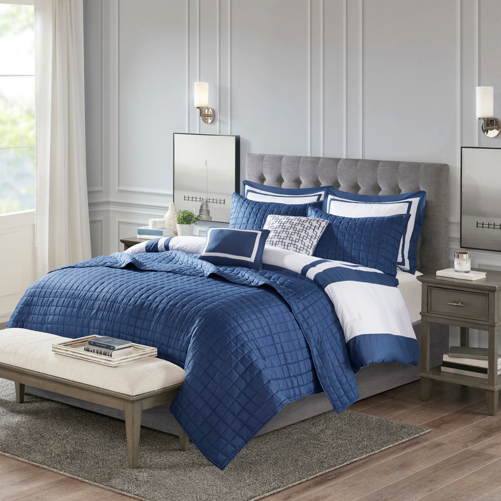 8 Piece Comforter and Quilt Set Collection Navy Full/Queen Media 1