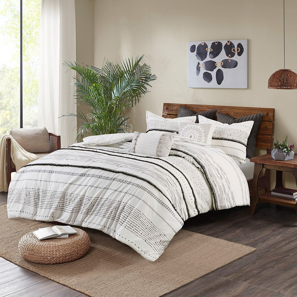 Cotton Printed Comforter Set with Trims Black/White King/Cal King Media 1