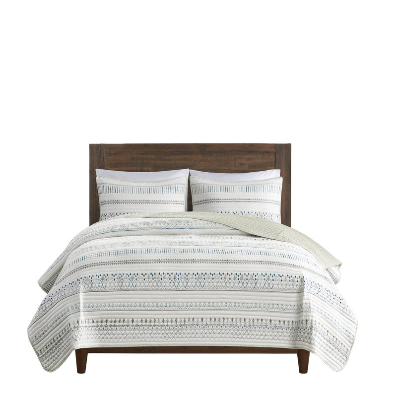 3 Piece   Seersucker Quilt Set Taupe/Blue King/Cal King