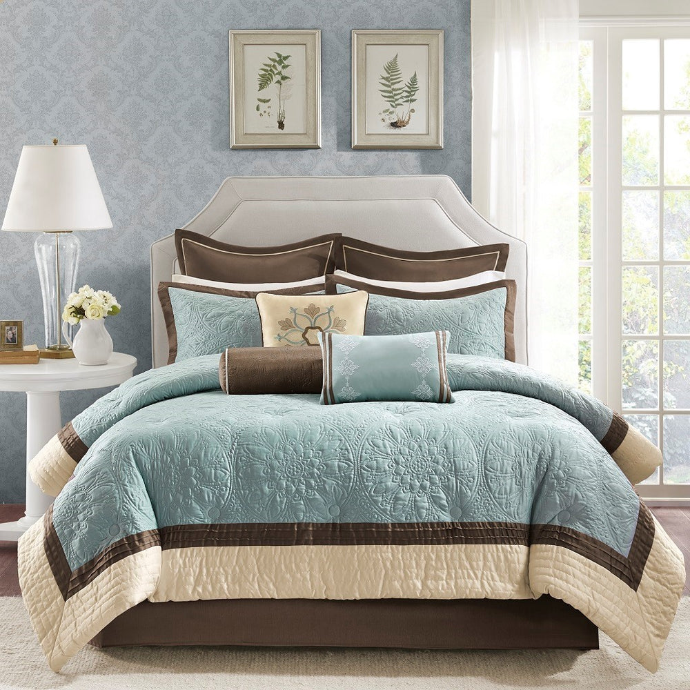 9 Piece Charmeuse Comforter Set Blue King Media 1