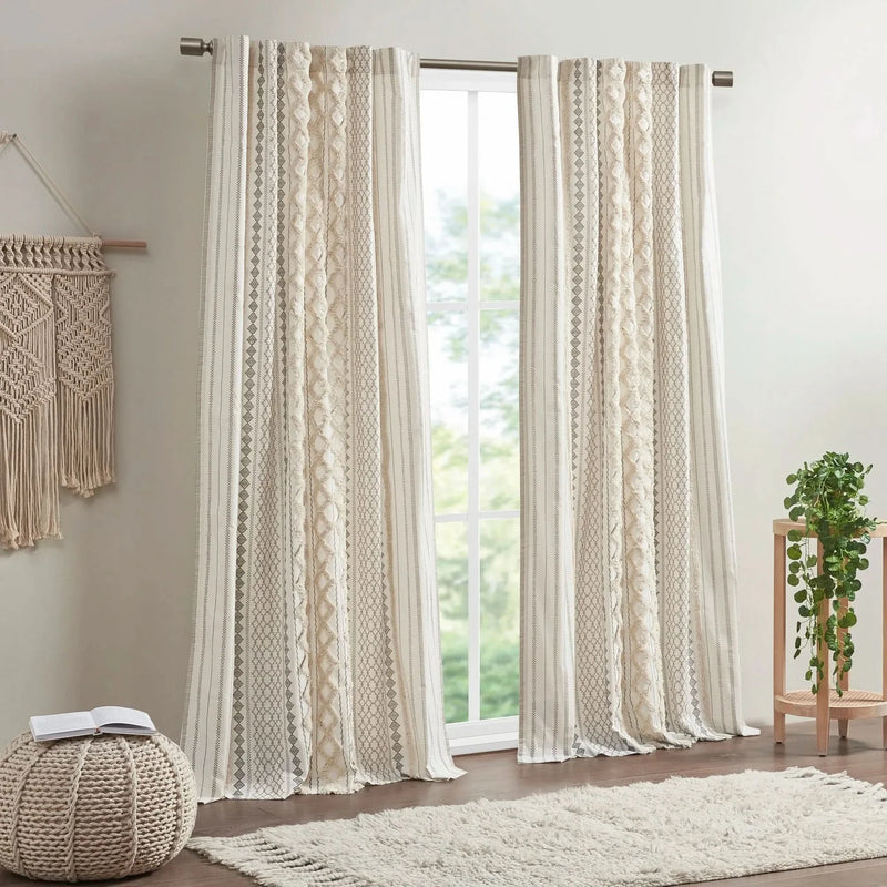 Cotton Curtain Panel 50x108 Inches Printed Chenille Stripe Lined Ivory