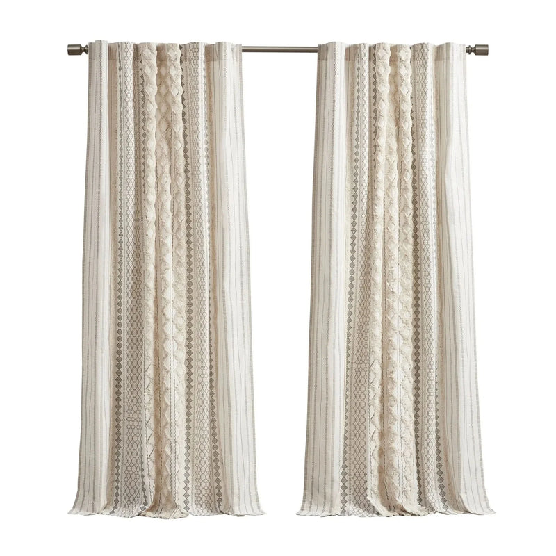 Cotton Curtain Panel 50x108 Inches Printed Chenille Stripe Lined Ivory