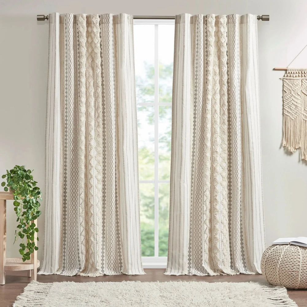 Cotton Curtain Panel 50x108 Inches Printed Chenille Stripe Lined Ivory Media 7