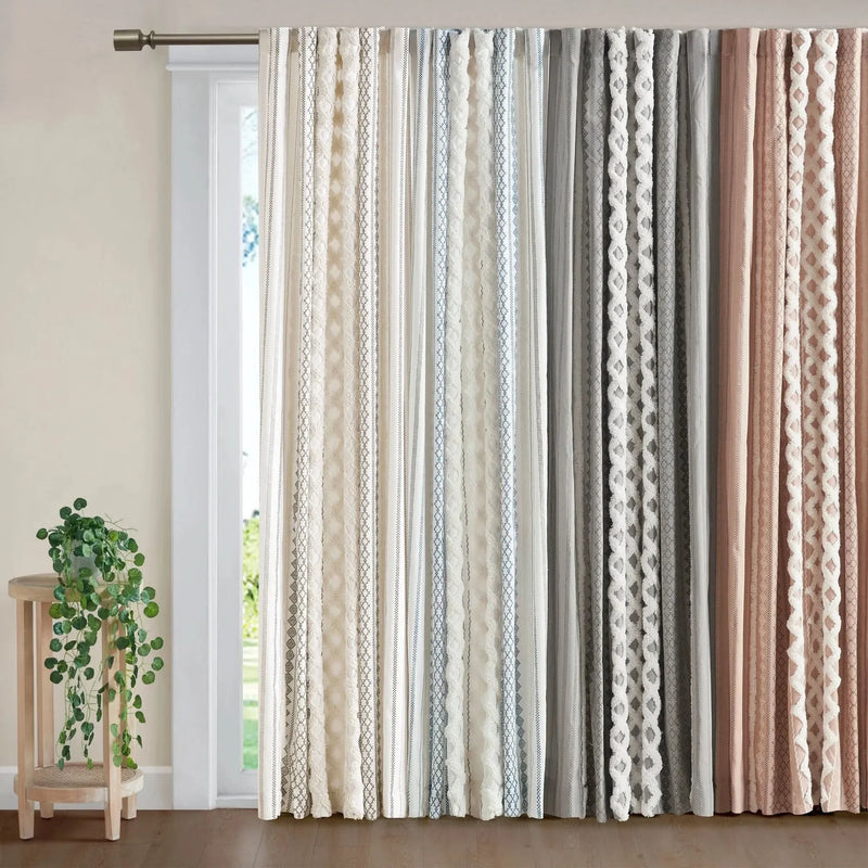 Cotton Curtain Panel 50x108 Inches Printed Chenille Stripe Lined Ivory