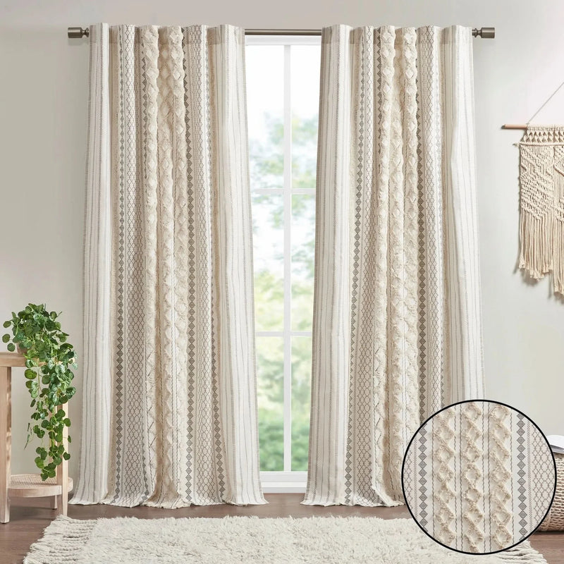 Cotton Curtain Panel 50x108 Inches Printed Chenille Stripe Lined Ivory