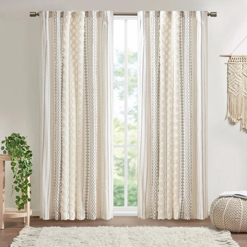 Cotton Curtain Panel 50x108 Inches Printed Chenille Stripe Lined Ivory