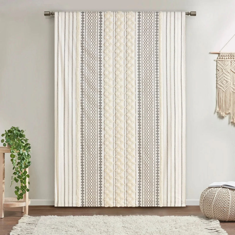 Cotton Curtain Panel 50x108 Inches Printed Chenille Stripe Lined Ivory