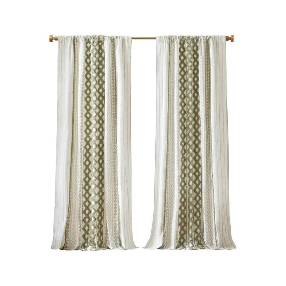Cotton Curtain Panel Tufted Chenille Stripe Green Lining Fabric Bedroom Media 2