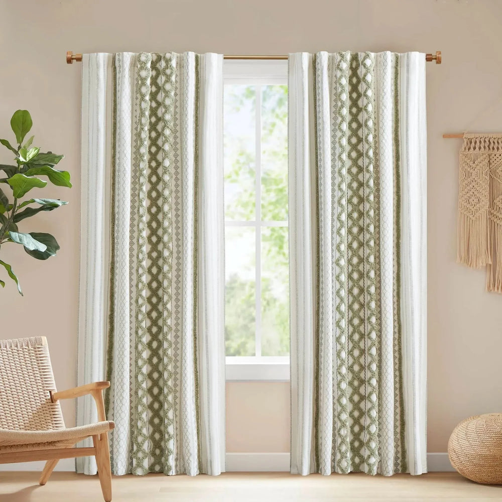 Cotton Curtain Panel Tufted Chenille Stripe Green Lining Fabric Bedroom Media 15
