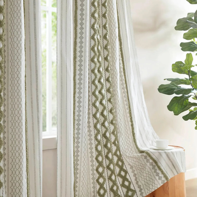 Cotton Curtain Panel Tufted Chenille Stripe Green Lining Fabric Bedroom
