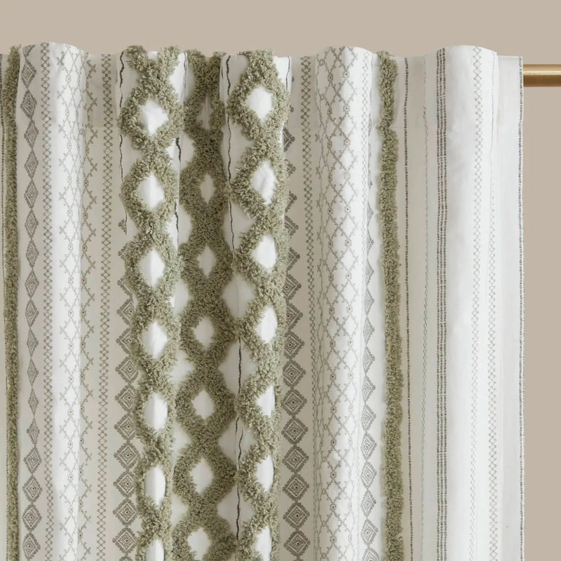 Cotton Curtain Panel Tufted Chenille Stripe Green Lining Fabric Bedroom