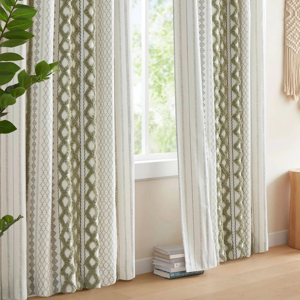 Cotton Curtain Panel Tufted Chenille Stripe Green Lining Fabric Bedroom Media 9