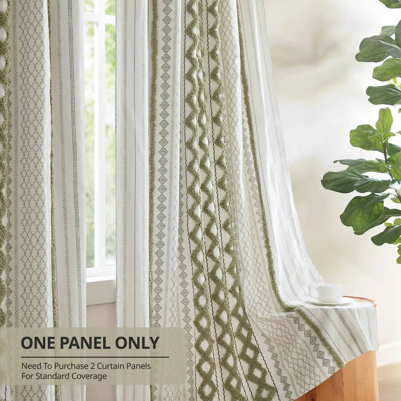Cotton Curtain Panel 50x95 Inches Printed Chenille Stripe & Lined Green
