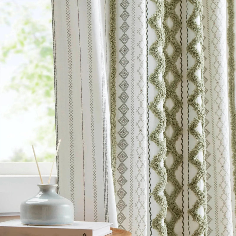 Cotton Curtain Panel 50x95 Inches Printed Chenille Stripe & Lined Green