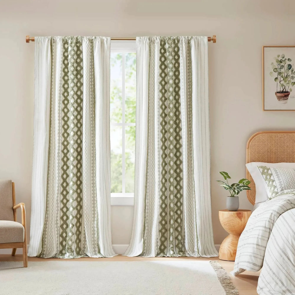 Cotton Curtain Panel 50x95 Inches Printed Chenille Stripe & Lined Green Media 1