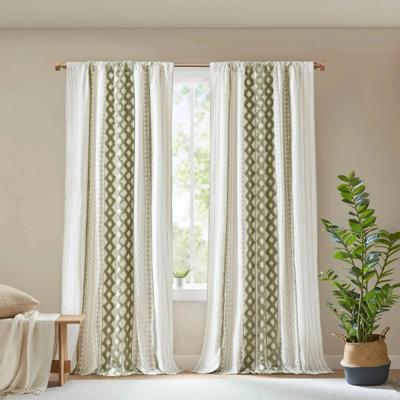 Cotton Curtain Panel 50x95 Inches Printed Chenille Stripe & Lined Green