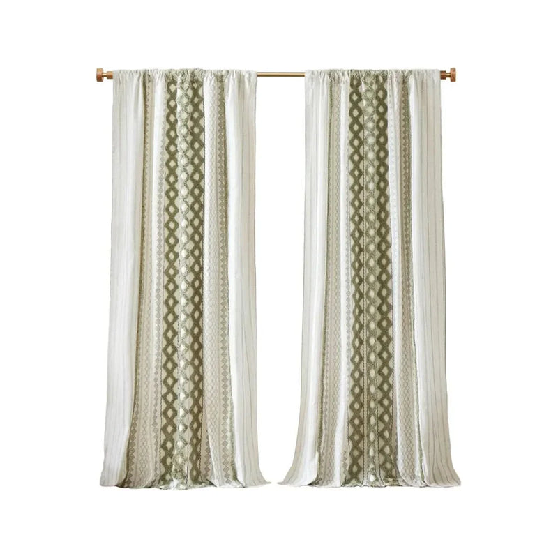 Cotton Curtain Panel 50x95 Inches Printed Chenille Stripe & Lined Green