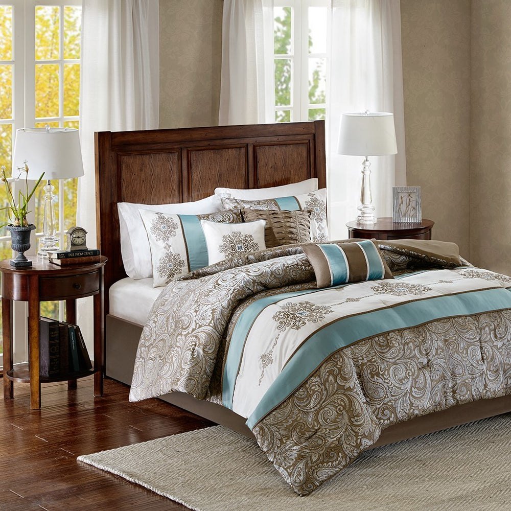 Jacquard 7 Piece Comforter Set Blue Queen Media 1