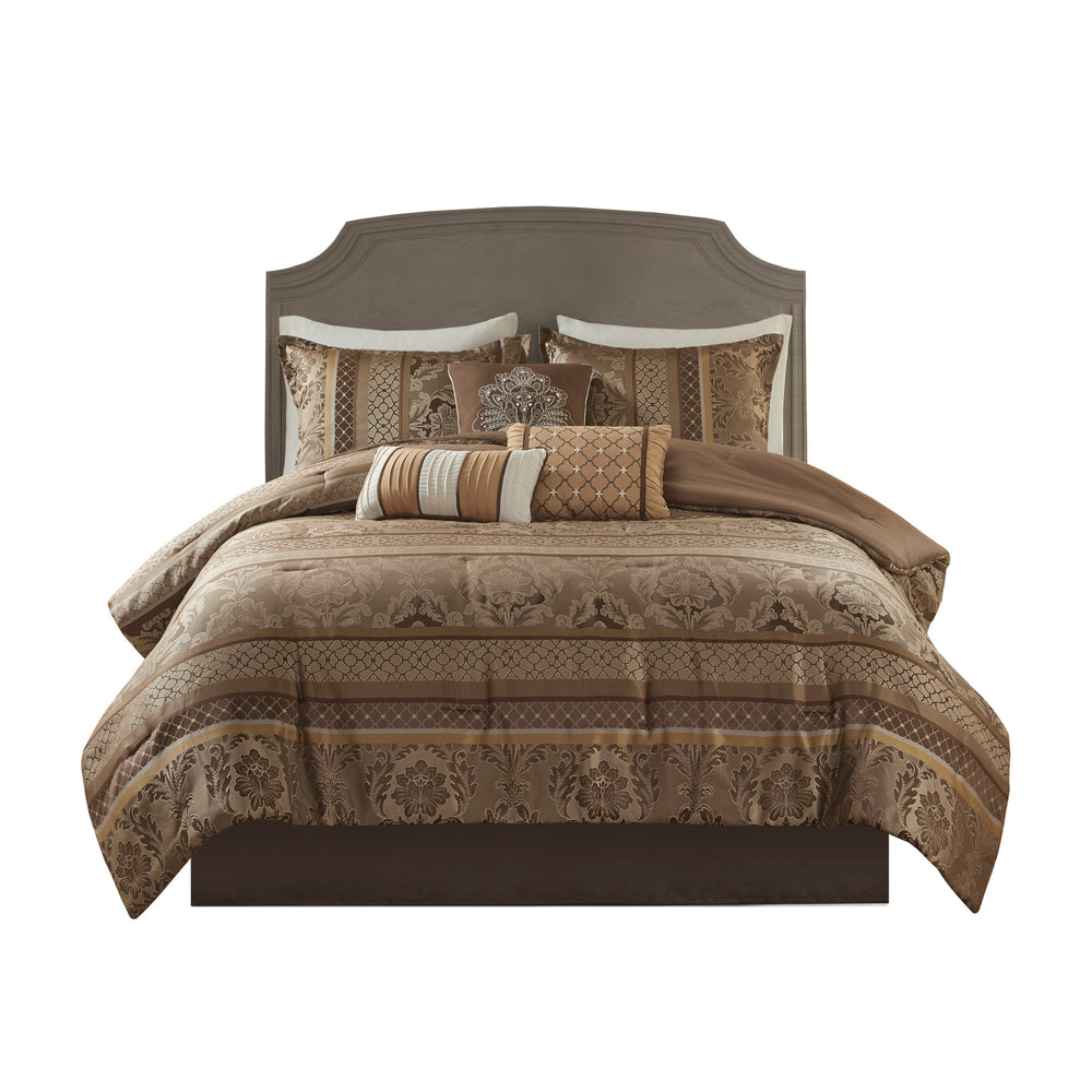 7 Piece Jacquard Comforter Set Brown/Gold Cal King Media 6