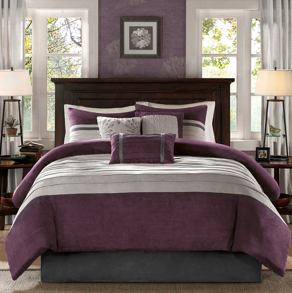 7 PC Pieced Faux Suede Comforter Set Purple Cal King Media 12