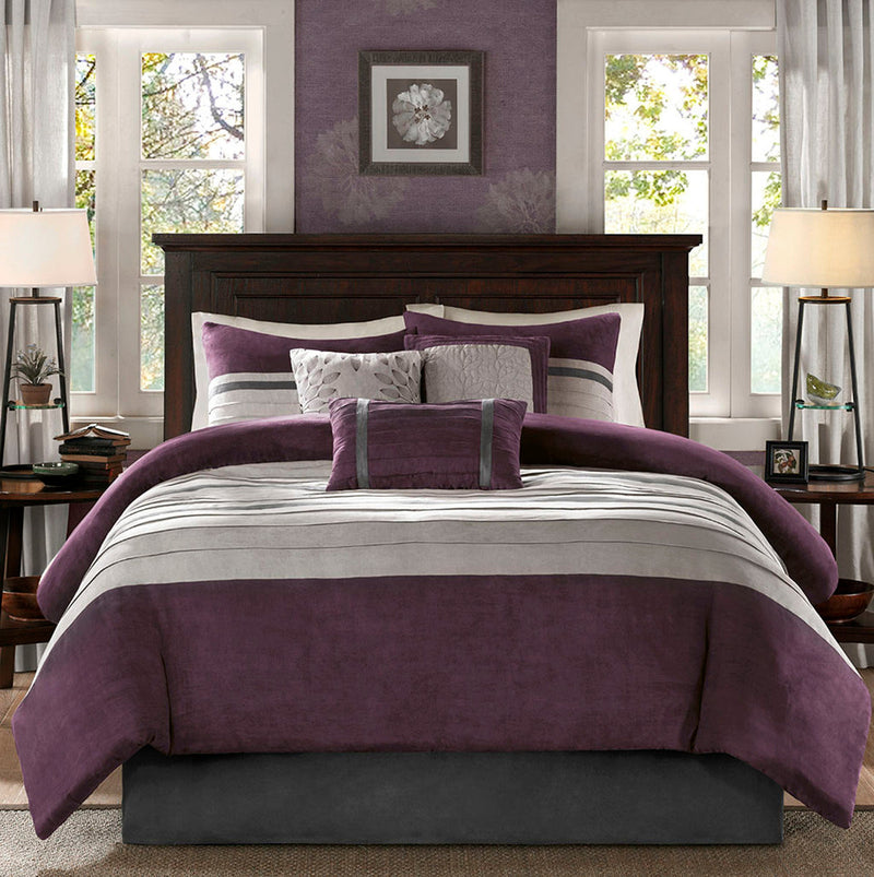 7 PC Pieced Faux Suede Comforter Set Purple Cal King