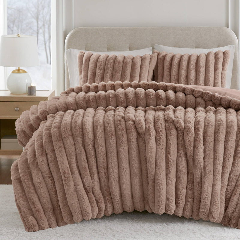 3 Pieces King Ultrasoft Faux Fur Ribbed Comforter Set,Mocha