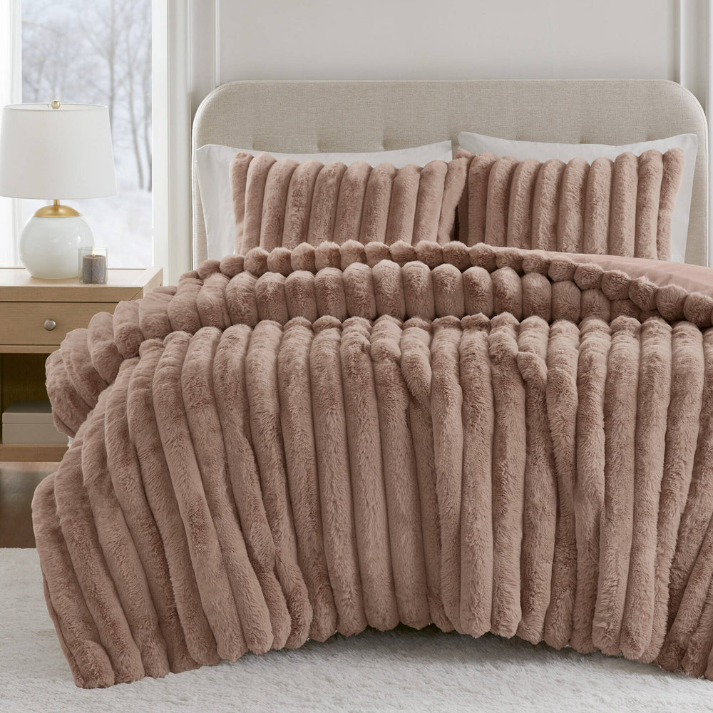 3 Pieces Full/Queen Ultrasoft Faux Fur Ribbed Comforter Set,Mocha Media 5
