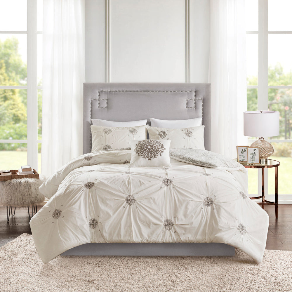 King/Cal King 4 Piece Embroidered Cotton Reversible Duvet Cover Set Media 1