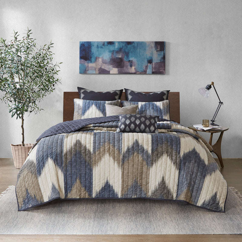 3 Piece Printed Cotton Quilt Set Navy King/Cal King