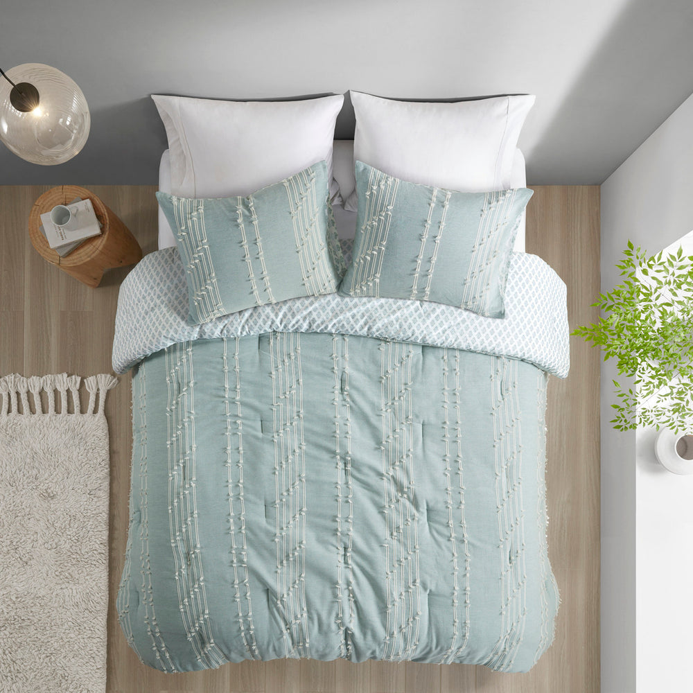 3 Piece Cotton Jacquard Comforter Set Aqua Full/Queen Media 3