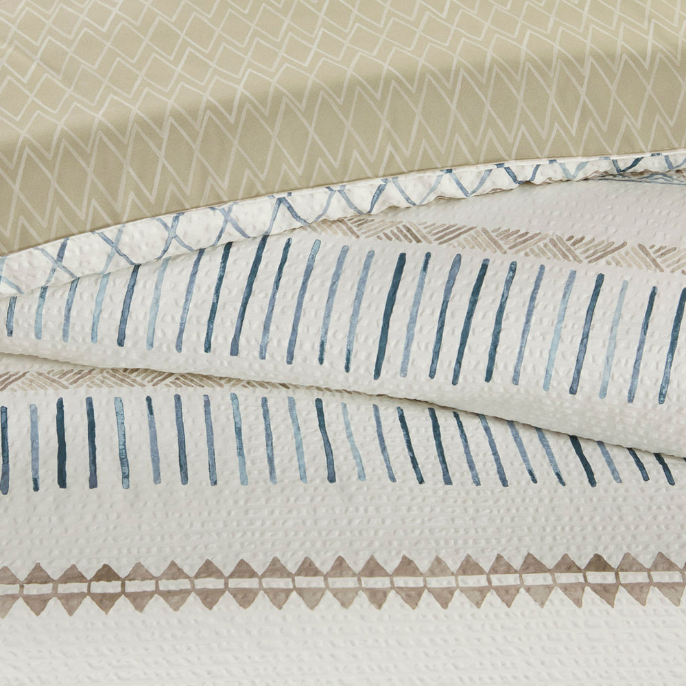 5 Piece Printed Seersucker Comforter Set with Throw Pillows Taupe/Blue Full/Queen Media 11