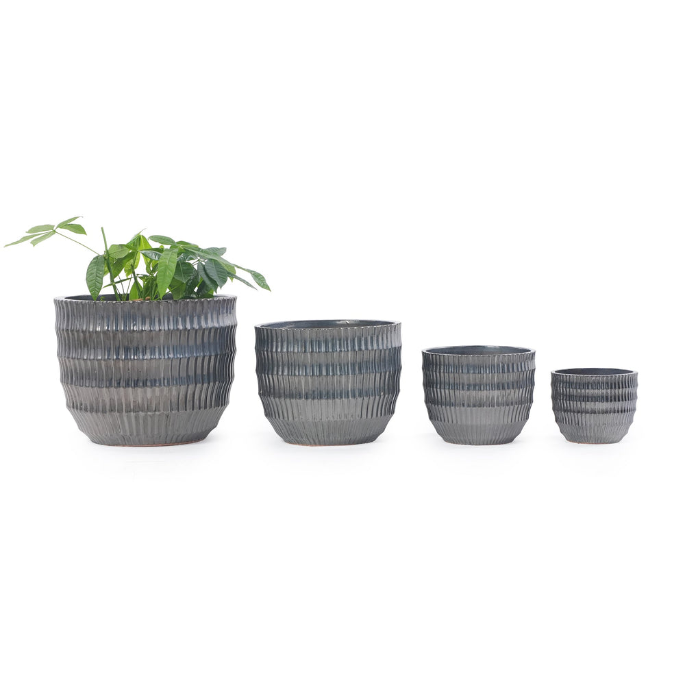 Handmade Matte Metallic Charcoal Gradient Glaze Ceramic Planter Set of 4, 7/9/12/14 Inch, Horizontal Grooves, Indoor & Outdoor Herb Succulent Pots, Breathable Clay with Drainage Holes Media 4