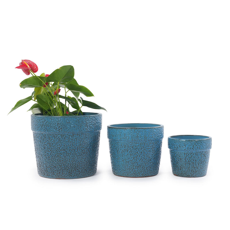 Handmade Ceramic Planter Set of 3, 15/12/9 Inch Diameter, Blue Textured Pattern, for Succulents & Indoor Plants, Windowsill & Bookshelf Use, Breathable Clay