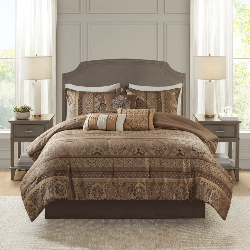 7 Piece Jacquard Comforter Set Brown/Gold Cal King Media 2