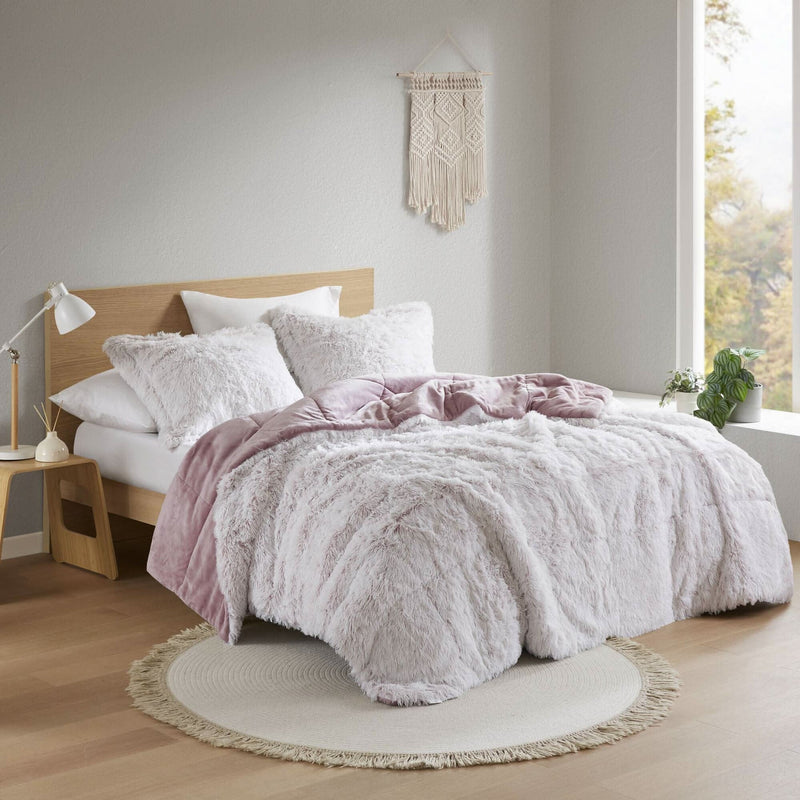 Faux Fur Comforter Shaggy Pink & White King & Cal King 3 Piece Set For Bedroom Decor Soft