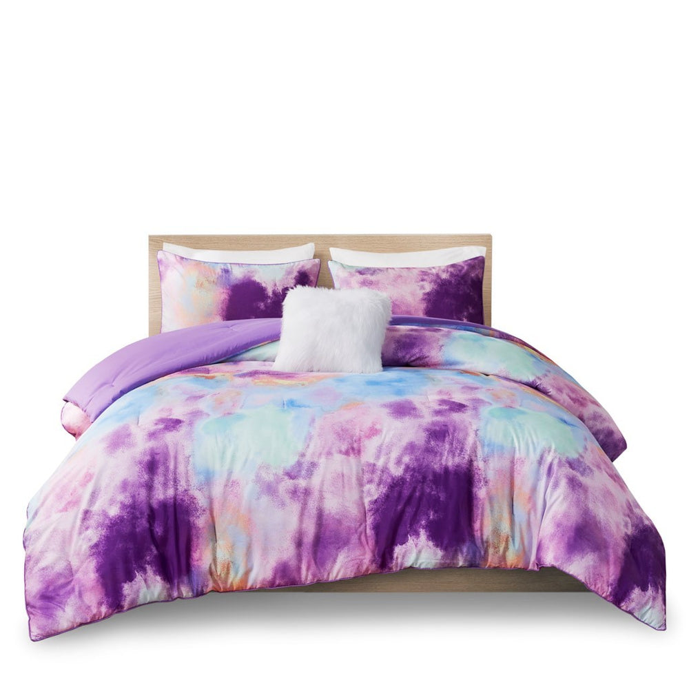 King/Cal King Watercolor Tie Dye Printed Comforter Set with Throw Pillow Media 5